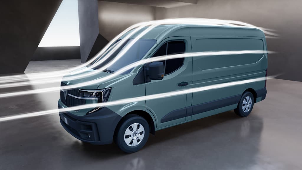 Grå transportbil i ett rymligt, minimalistiskt industriellt rum med vita linjer som visar luftflödet runt fordonet i Helmia