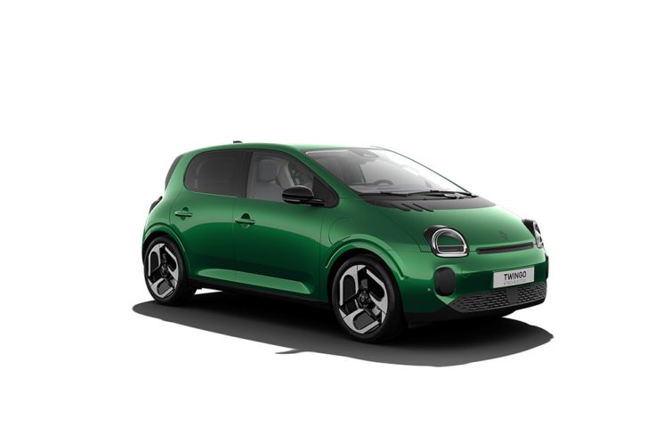 Sido-fram trekvart bild av en grön Renault Twingo E-Tech elbil med svarta detaljer på vit bakgrund hos Helmia